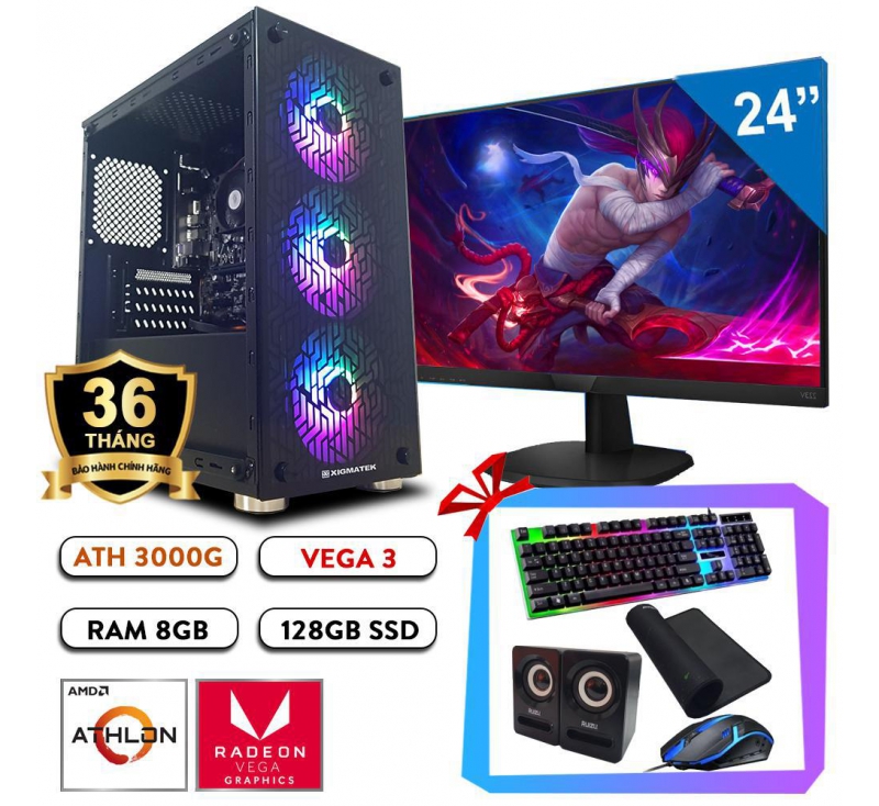 Full bộ PC Gaming Yone - Athlon 3000G/ A320M/ 8GB RAM/ Vega 3/ 24 inch Full HD