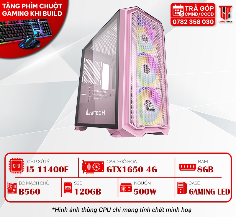 MÁY BỘ PC GAMING 114005 : I5 11400F/B560/8G/GTX1650 4G/120G/500W